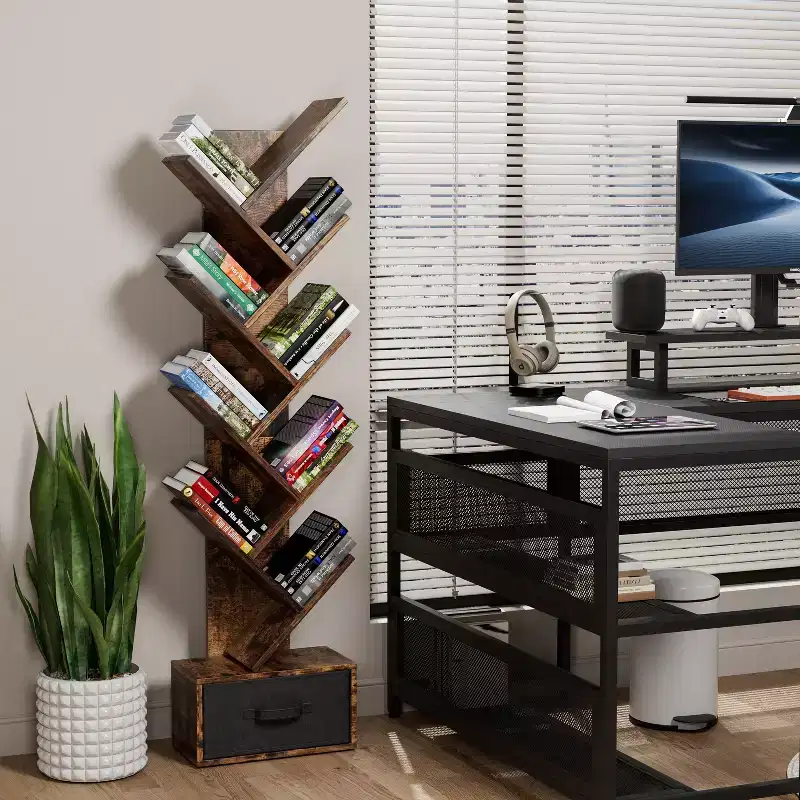 MAYEERTY 9 Tier Tree Bookshelf with Drawer Bookshelf Modern Book Storage Free Standing Tree Bookshelf Rustic Brown for Living Room Bedroom