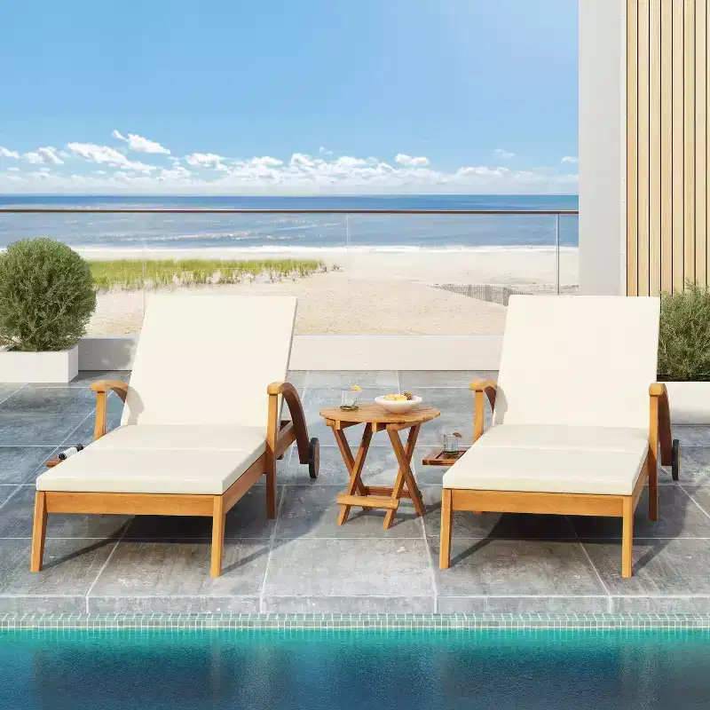 Christopher Knight Home Fred 3 Piece Outdoor Acacia Wood Adjustable Chaise Lounge and Accent Table