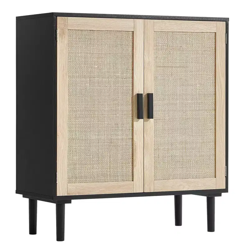 Rattan Storage Cabinet with 2 Magnetic Doors and Adjustable Shelves Sideboard Buffet Black