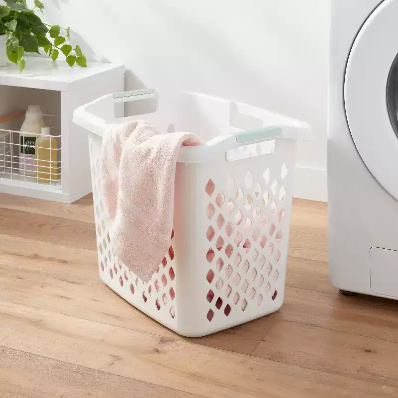 2.1bu White Plastic Clothes Hamper with Built-In Handles, Open-Top, 19.55 Gallon Capacity
