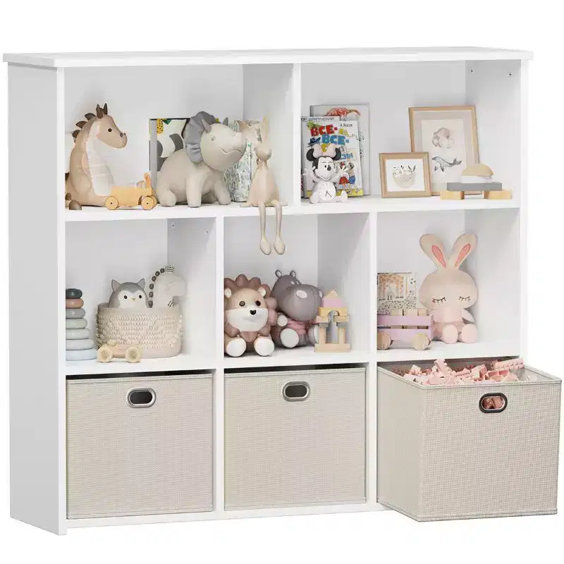 GOTGELIF Kids Bookshelf & Toy Storage Organizer - Solid Wood, 3-Tier Rack, 5 Cubbies & 3 Drawers