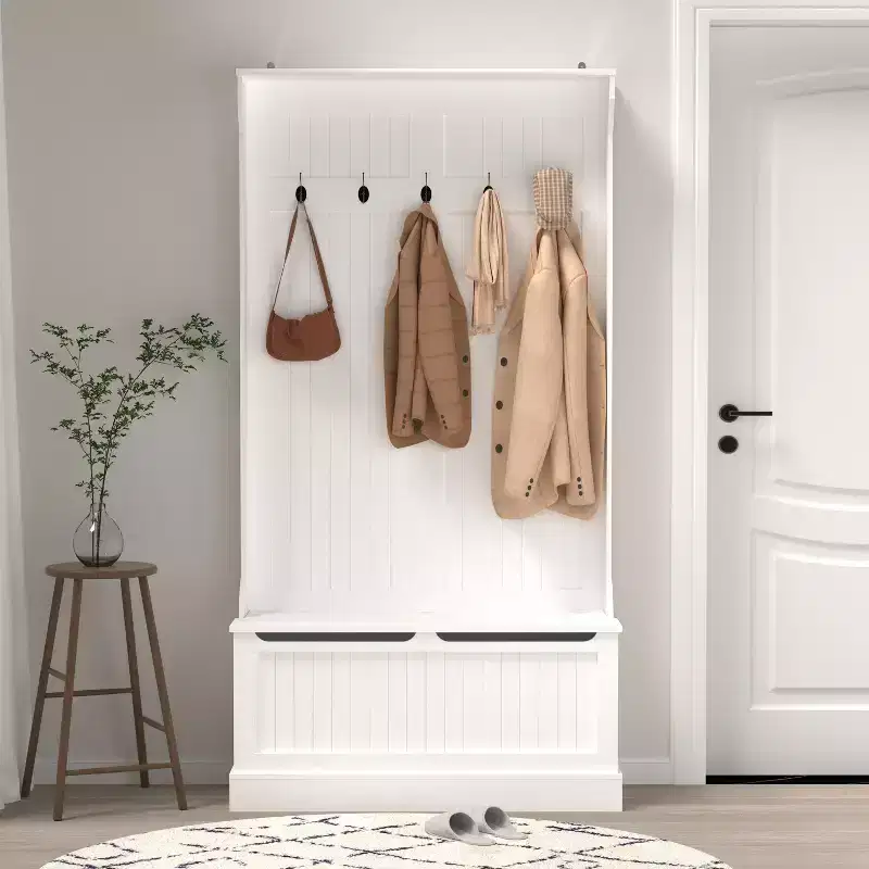 Okak Minimalism Hall Tree with 5 Hooks, Freestanding Coat Rack with Shoe Storage Bench, Entryway Storage for Living Room, Hallway, White