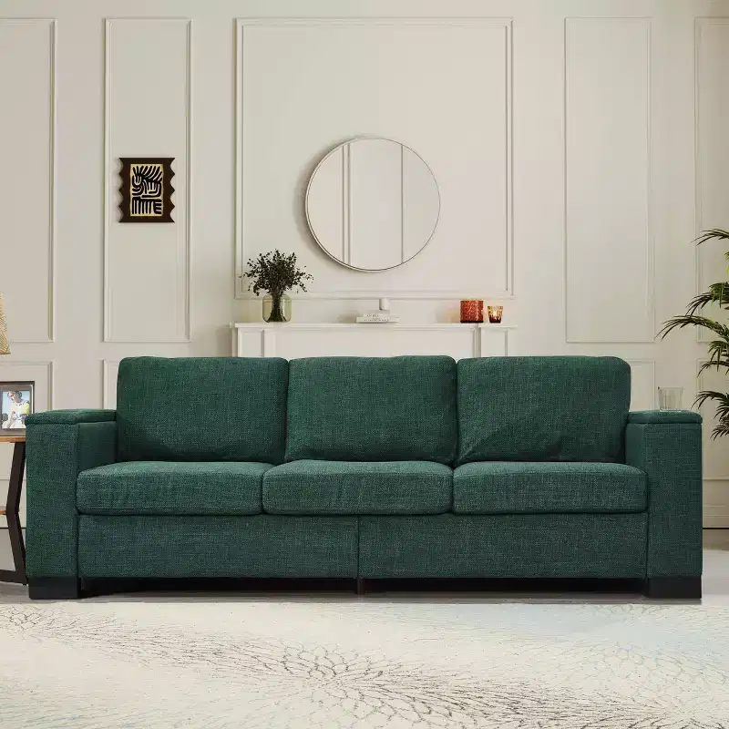 MAYEERTY 93.7 Modern Style Living Room Sofa Fabric Couch Square Arm Sofa with Cup Holder Upholstered Polyester Green