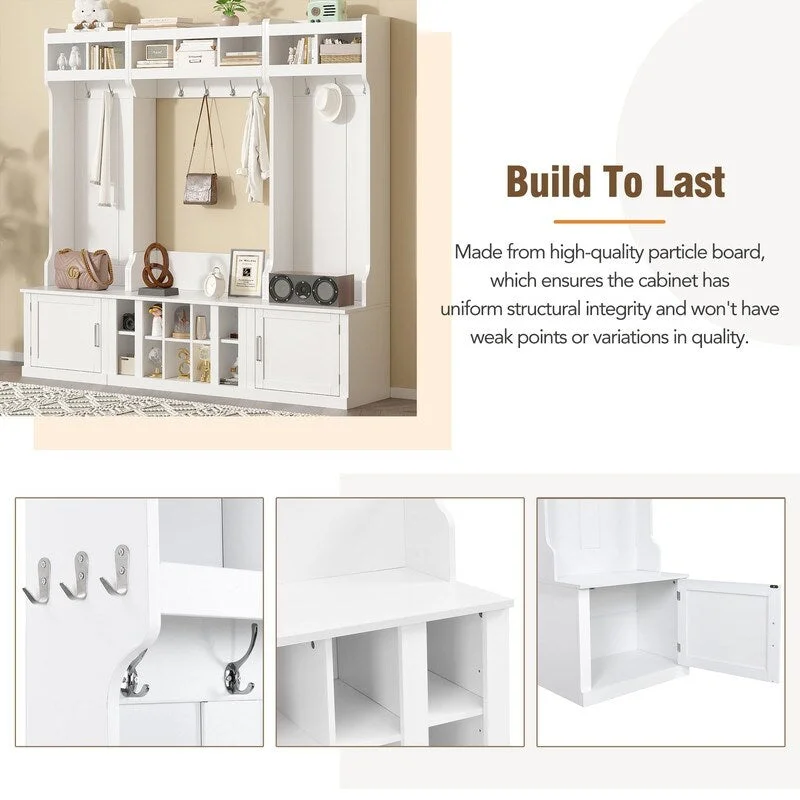 4-IN-1 Multi-functional Hall Tree Entryway Bench with Coat Rack and Shoe Cubbies