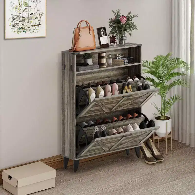 Shoe Cabinet, Freestanding Shoe Organizer with 2 Flip Drawers, Narrow Farmhouse Shoe Rack