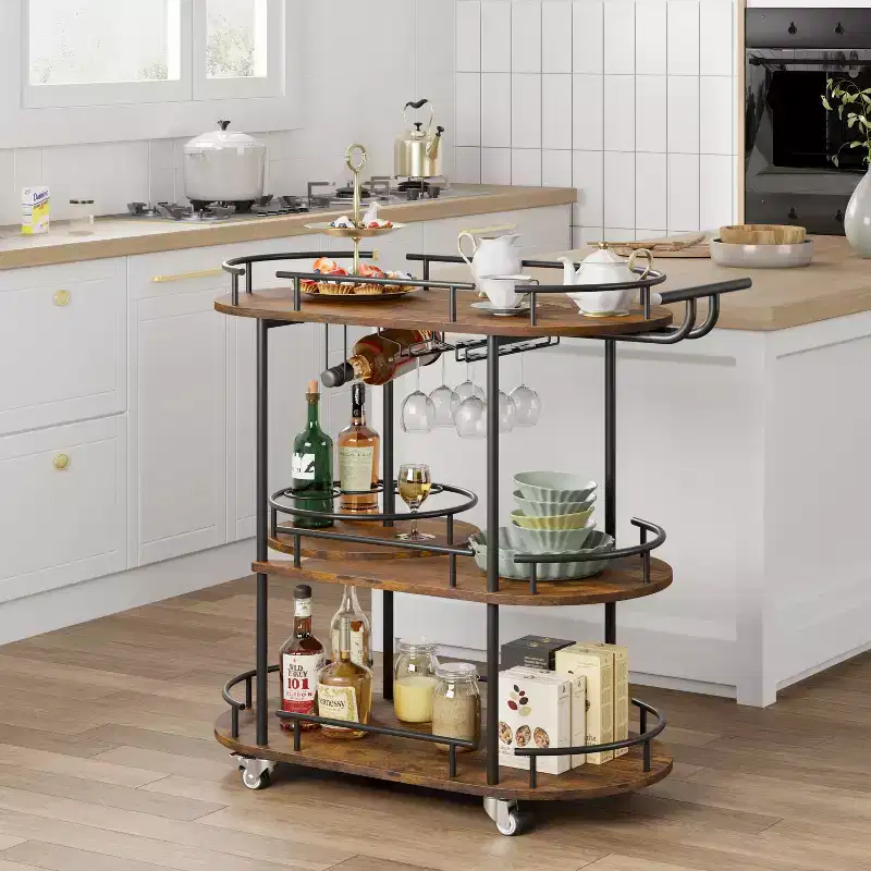 Bar Carts with 4-Tiers Storage Shelves, Mobile Bar Seving Carts On Wheels with Wine Rack and Glass Holder for Kitchen, Dining Room, Living Room