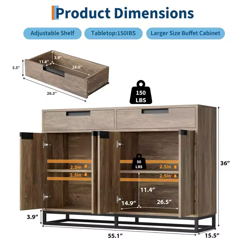 CuisinSmart 55 Large Modern Kitchen Accent Storage Cabinet with 2 Drawers&4 Doors, Coffee Bar Sideboard Buffet Cabinet for Dining Room
