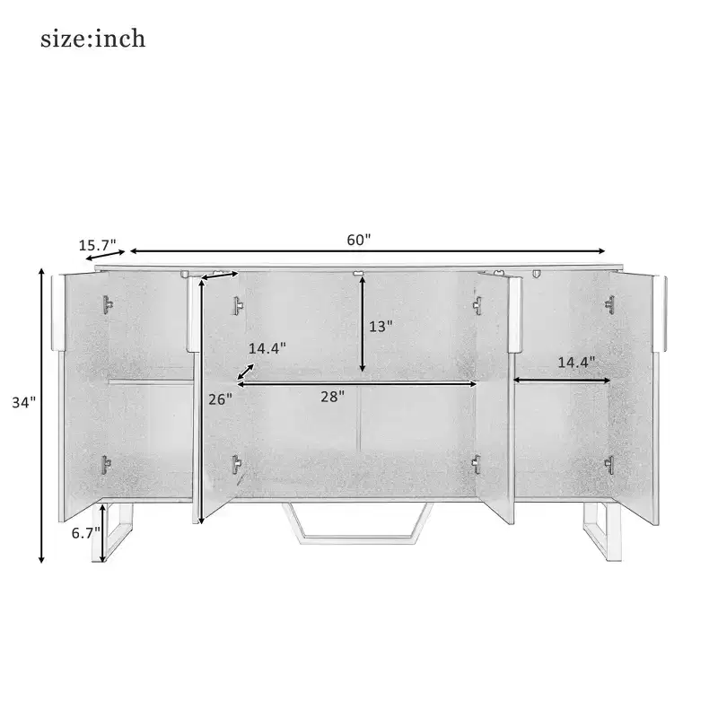 Modern sideboard with Four Doors Metal handles and Legs and Adjustable Shelves Kitchen Cabinet Black