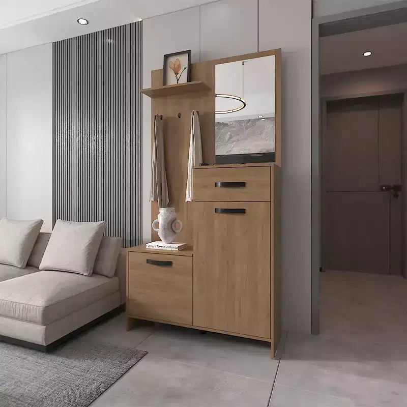 Modern Hall Tree with 3 Hooks and Mirror, Freestanding Coat Rack with Ample Storage, Coat Tree for Living Room, Bedroom, Light Oak