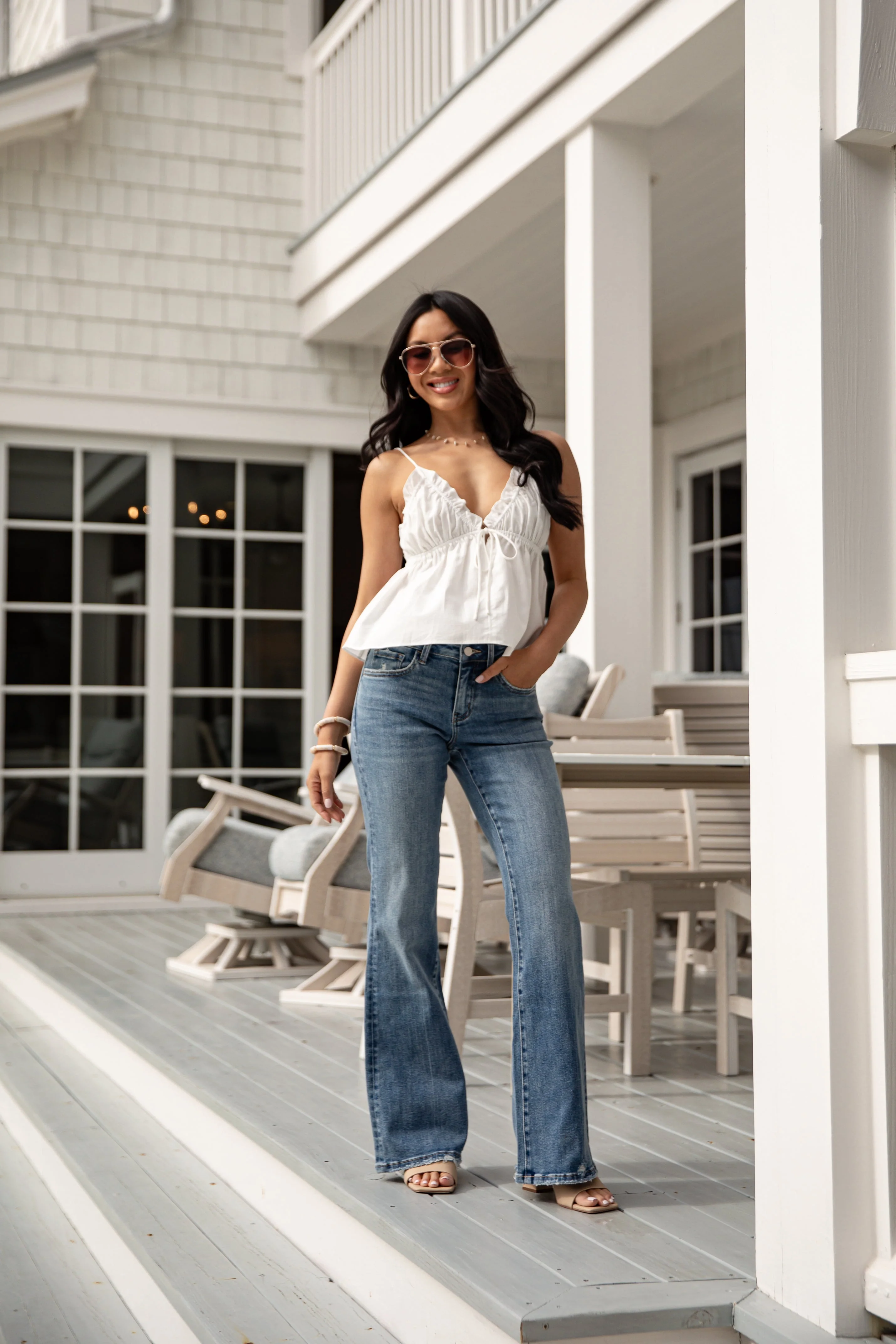 Medium Wash Mid Waist Easy Flare Jeans
