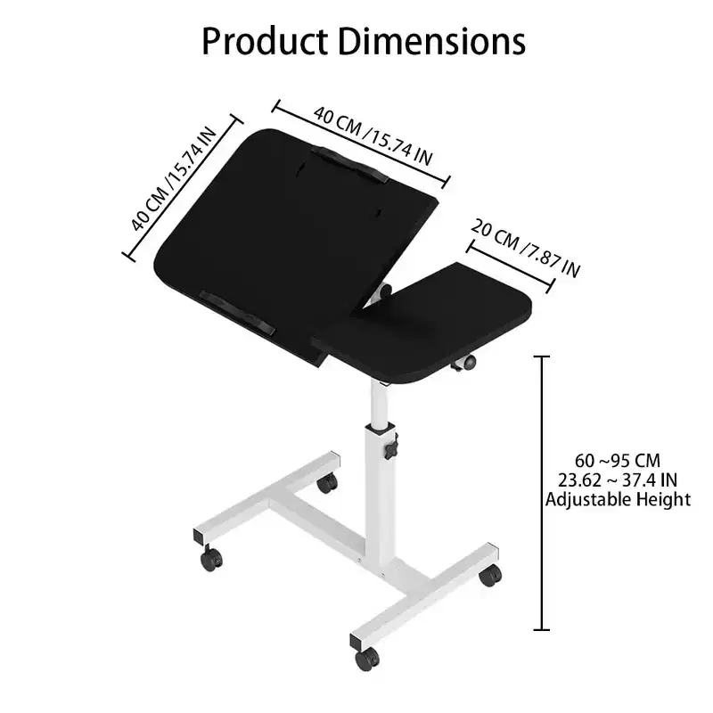 Adjustable Overbed Table (60-95cm) with Wheels C Black Hospital/Living Room Rolling Tray, Anti-Slip Surface