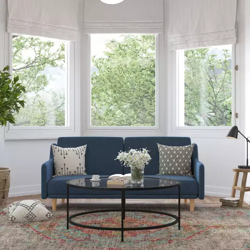 Flash Furniture Delphine Premium Convertible Split Back Sofa Futon with Curved Armrests and Solid Wood Legs
