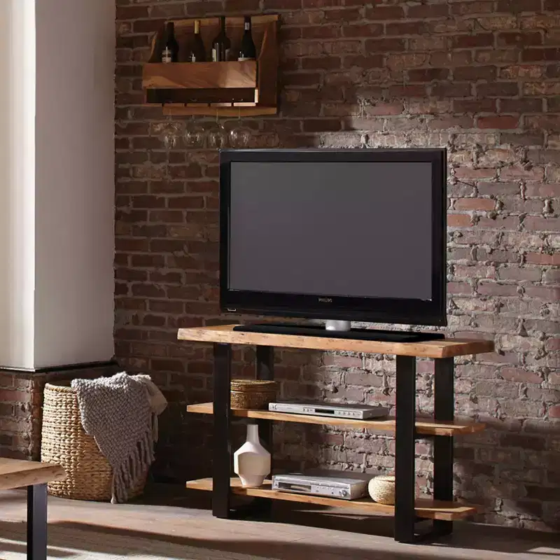 Alpine Live Edge Wood Media Console Table Natural: Acacia, Metal Legs, Rectangular