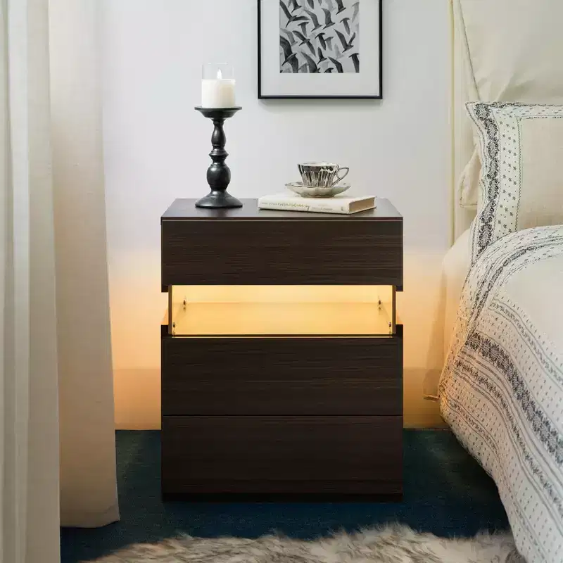 LED Lighted 3-Drawer Nightstand for Bedroom and Living Room