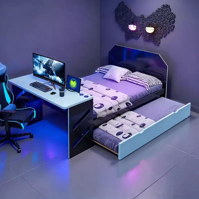Full Size Daybed with Built-in Desk, USB Charging & Twin Trundle, Space-Saving Multifunctional Bed for Guest Room & Gaming