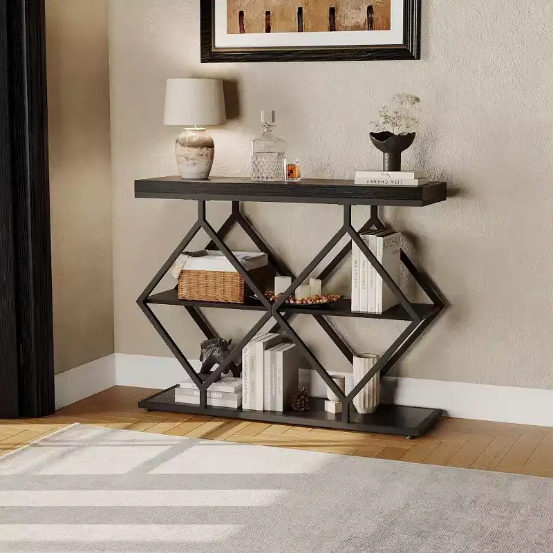 COZONY 39 Narrow Entryway Console Table with 3-Tier Open Storage, Industrial Sofa Table with Diamond Metal Frame for Hallway & Foyer
