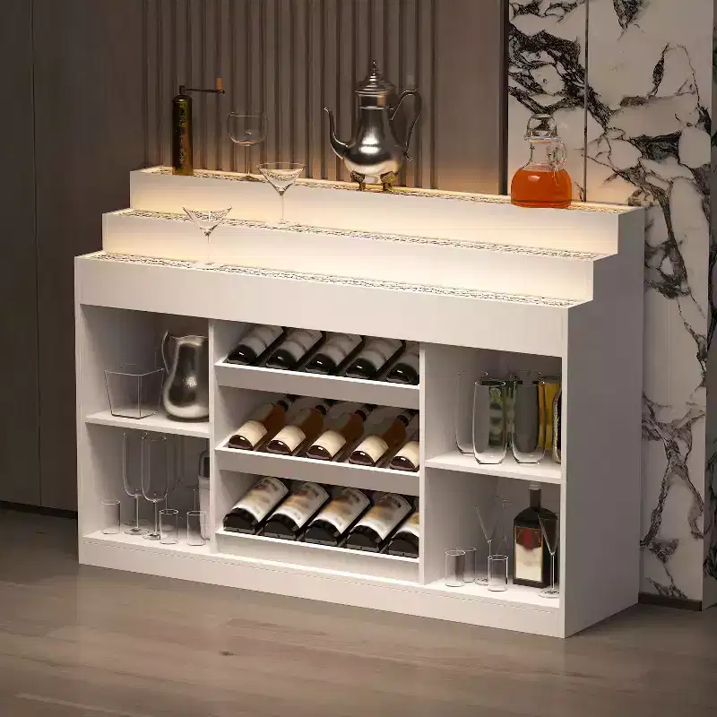 Famapy White Multi-Layer Bar Cabinet Wine Cabinet: Wave-Patterned Glass Countertop, Tiered Design  Spacious Wine & Liquor Storage, Ambient Lighting