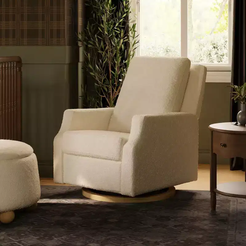 Electronic Recliner and Swivel Glider - Ivory Boucle with Light Wood Base
