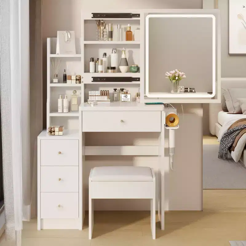 Wood Sliding Mirror Vanity Desk with LED Lighting and Cushioned Stool 50.4