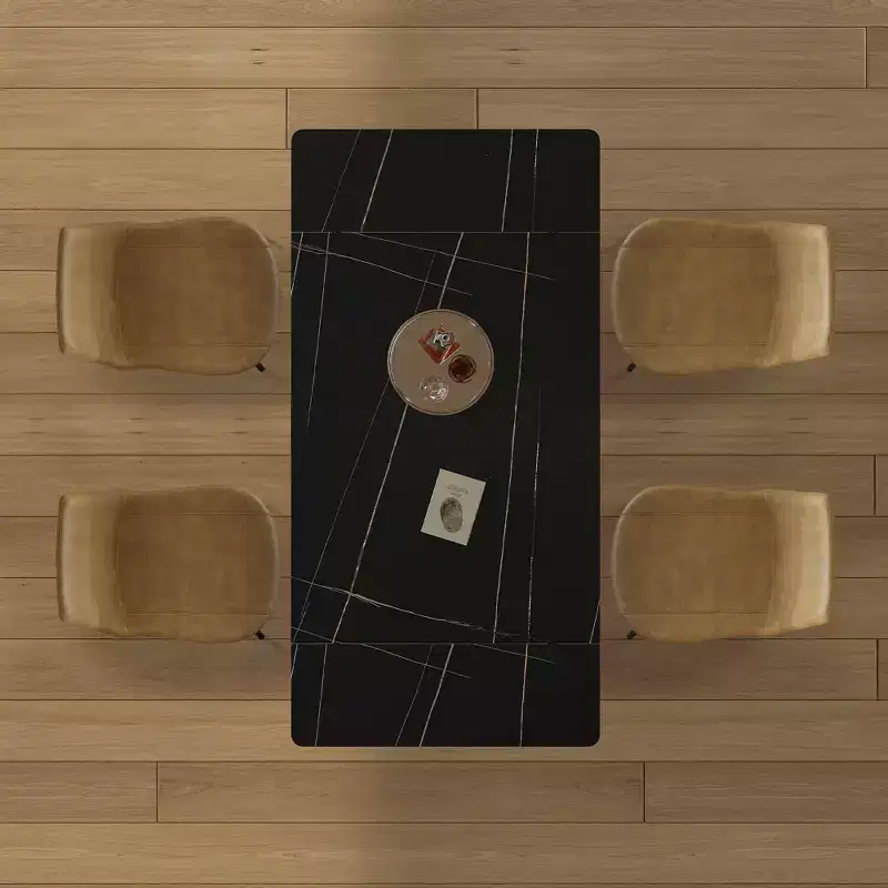 MAYEERTY Retractable Sintered Stone Dining Table Set, Modern Rectangular Black Carbon Steel Cross Legs, Table + 4 Chairs