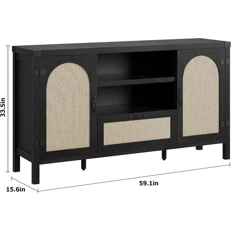 59.1'' Rattan Buffet Cabinet, Kitchen Coffee Bar Cabinet w/Doors and Drawer, Boho Sideboard with Adjustable Shelves & Handle for Living Room