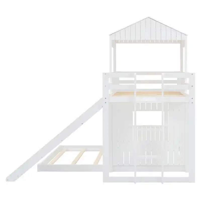Twin Over Solid Wood Full Bunk Bed With Slide, Playhouse Design