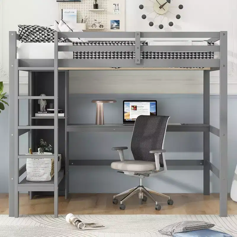 Pine Wood & MDF Full Size Loft Bed with Desk and Shelves, 67.5