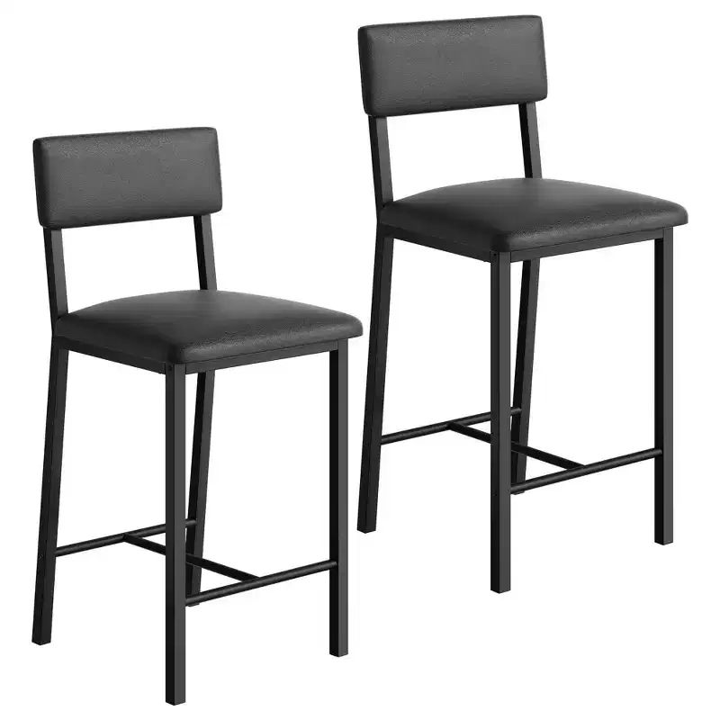 PU Leather Counter Height Bar Stools Set of 2  Backrest, Footrest, Thick Cushion  Black  for Dining Room, Kitchen Island, Apartment Bar