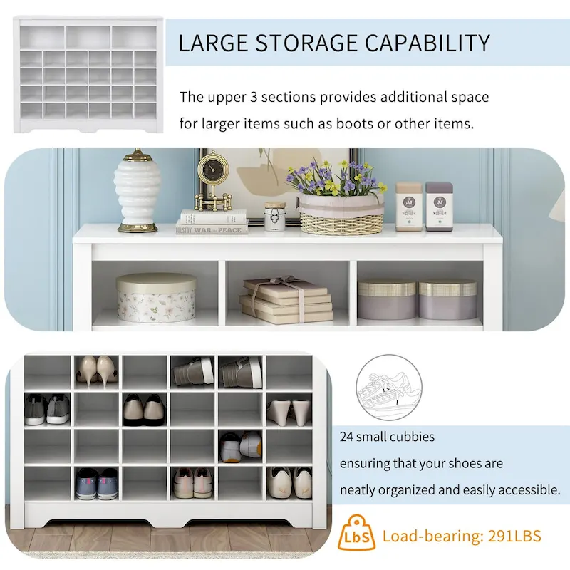 Sleek Design 24 Shoe Cubby Console, Modern Shoe Cabinet with Curved Base, Versatile Sideboard with High-quality