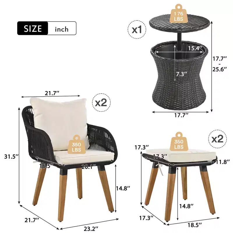Zevemomo 5 Piece Rope Patio Furniture Set, for Backyard with Handwoven Armchairs, Ottomans, Pop-Up Cool Bar Wicker Table