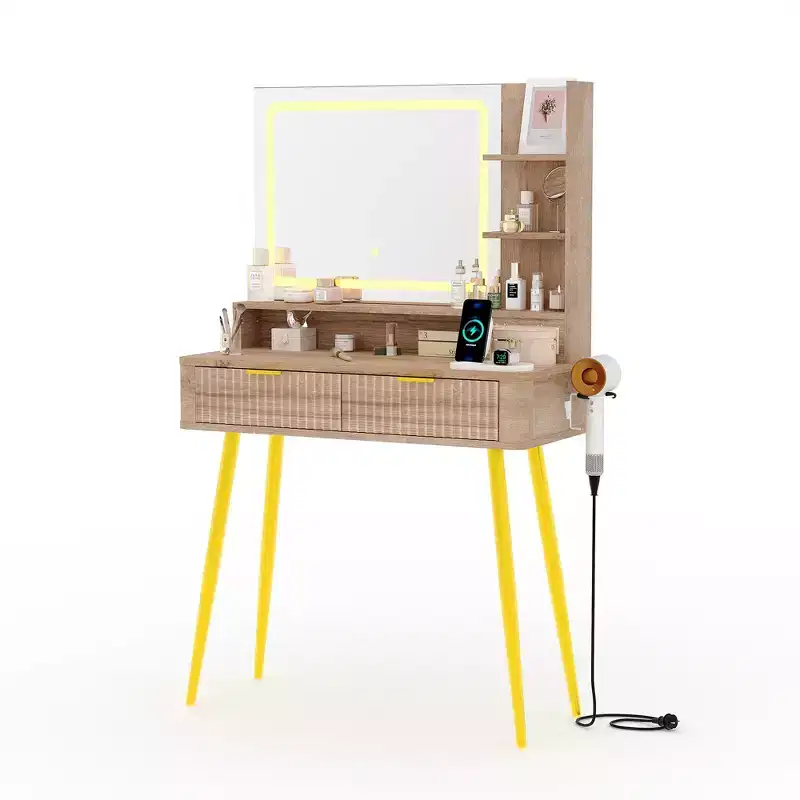 Acekool 31.5 Fluted Makeup Vanity Desk with Mirror, 2 Drawers, Shelves & Stool for Bedroom