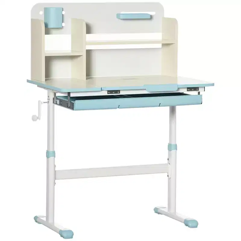 Qaba Kids Desk, Height Adjustable Children School Study Table, Student Writing Desk with Tilt Desktop, Drawer, Storage Shelf, Pen Holder