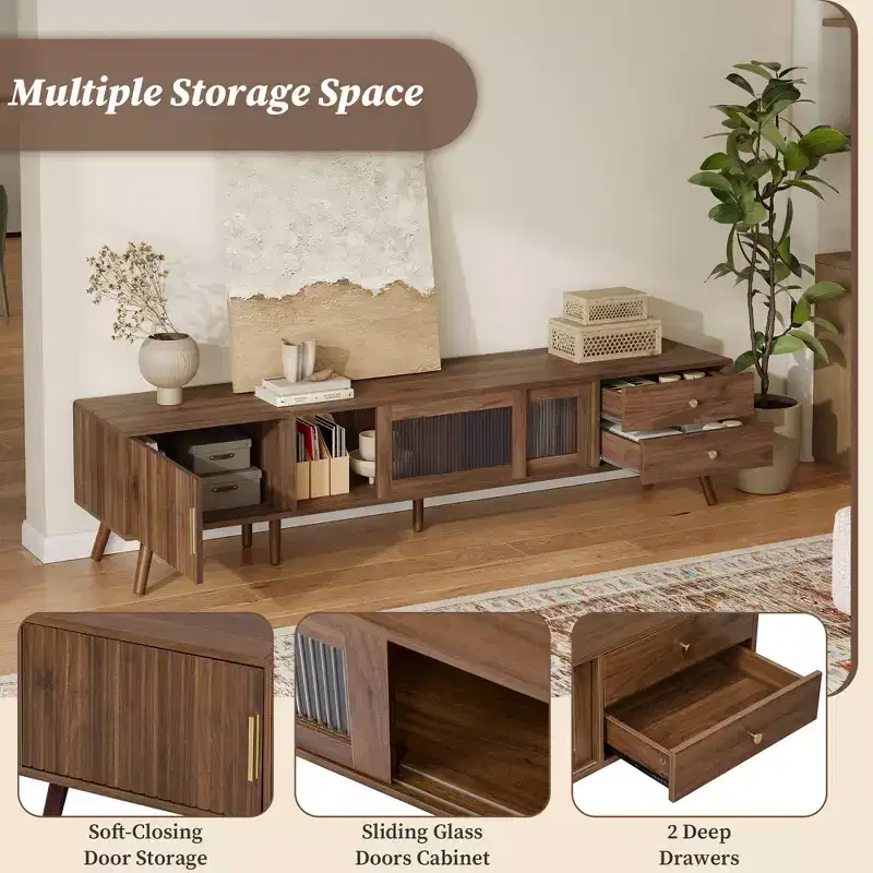 76 TV Stand for TVs up to 85 Inches, Modern Minimal Glass-Doors TV Stand with Storage Cabinets, Wood-Grain Entertainment Center