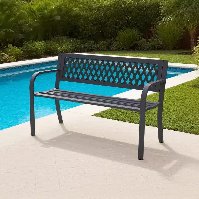 Metal Outdoor Bench with Geometric Hollowed-Out Design for Garden, Courtyard and Terrace