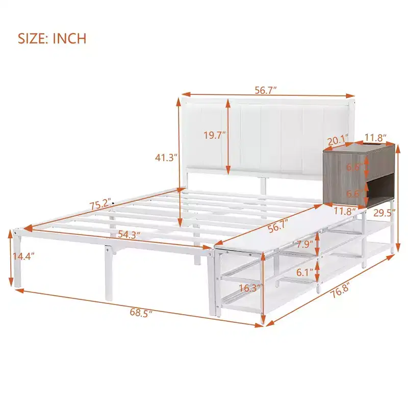 Luxystar Full Size Metal Platform Bed with Upholstered Headboard, 2-Tier Storage Shelves, Wooden Storage Cabinet and USB Charging Ports