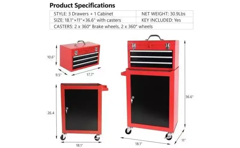 Black 3-Drawer Rolling Tool Cabinet, 1-Person
