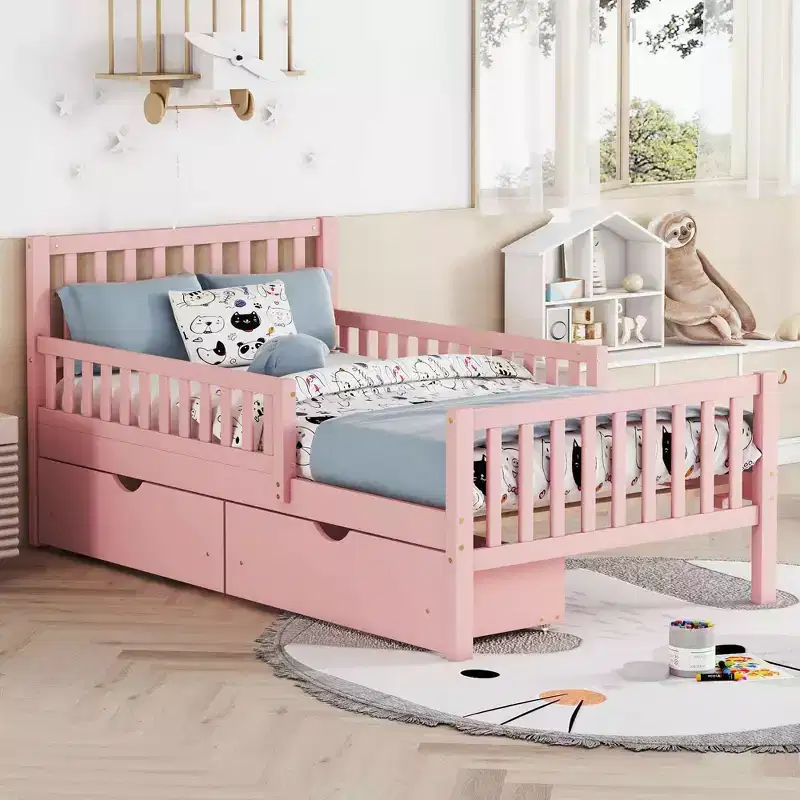 MAYEERTY Twin Size Wood Platform Bed with Guardrails on Both Sides and Two Storage Drawers Pink