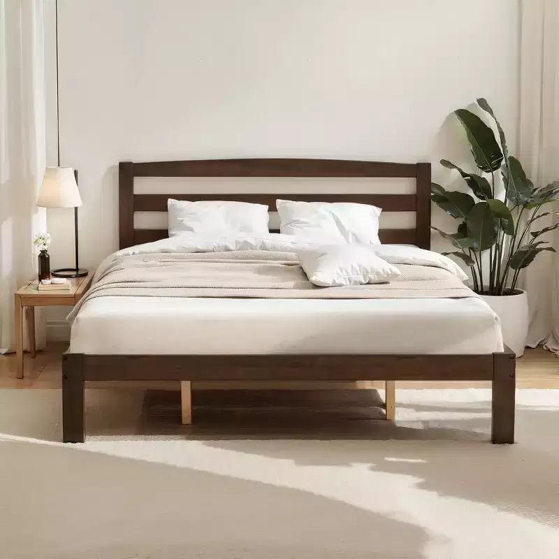 Subrtex Solid Wood Platform Bed with Headboard, Bed Frame with Wood Slat Support, Walnut
