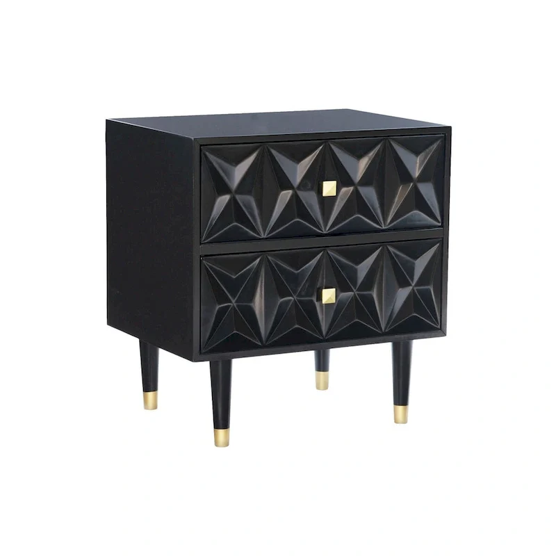 2-Drawer Nightstand with Geometric Pattern Front & Gold Legs – Black, Wood, Square Gold Handles