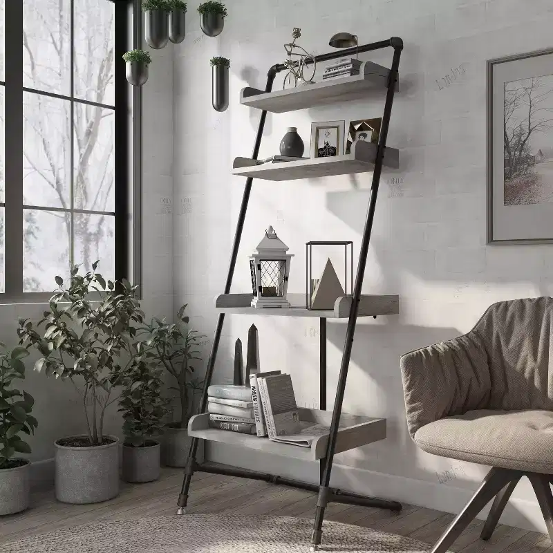 HOMES: Inside + Out 70.86" Humbolt Ladder Display Shelf Vintage Gray Oak: Industrial Style, 4-Tier Storage