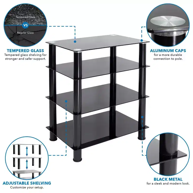 Mount-It! Tempered Glass AV Component Media Stand, Audio Tower and Media Center with 4 Shelves, 88 Lbs. Capacity, Black