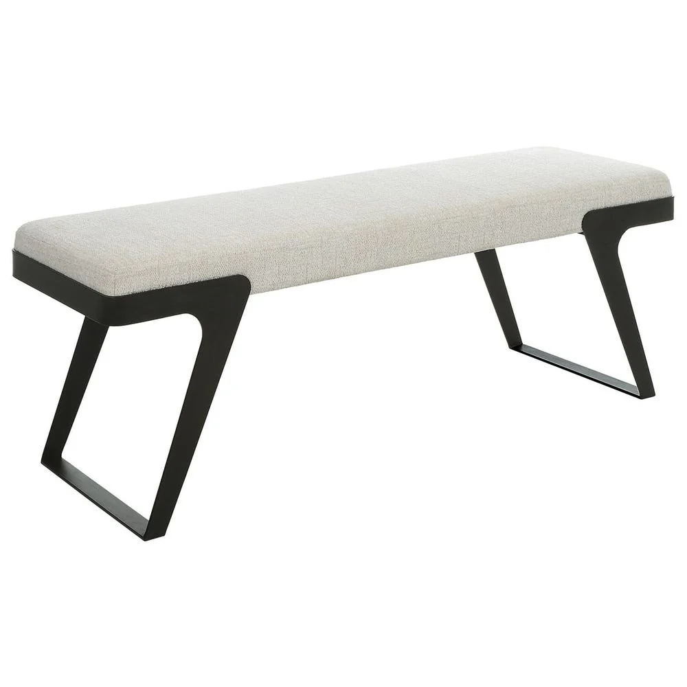 White Fabric Solid Wood Rattan Wrapped Coastal Bench
