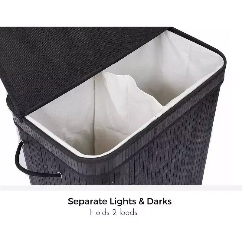 Bamboo Double Laundry Hamper with Lid and Cloth Liner - Black