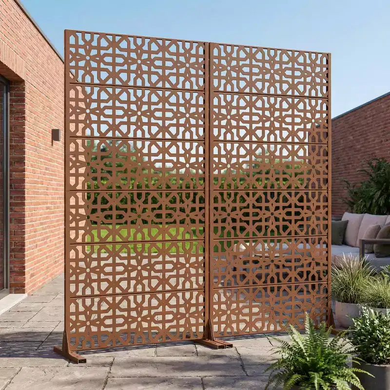 6-Panel Galvanized Steel Room Divider, 72x35 Double-Sided Classic Screen, Brown