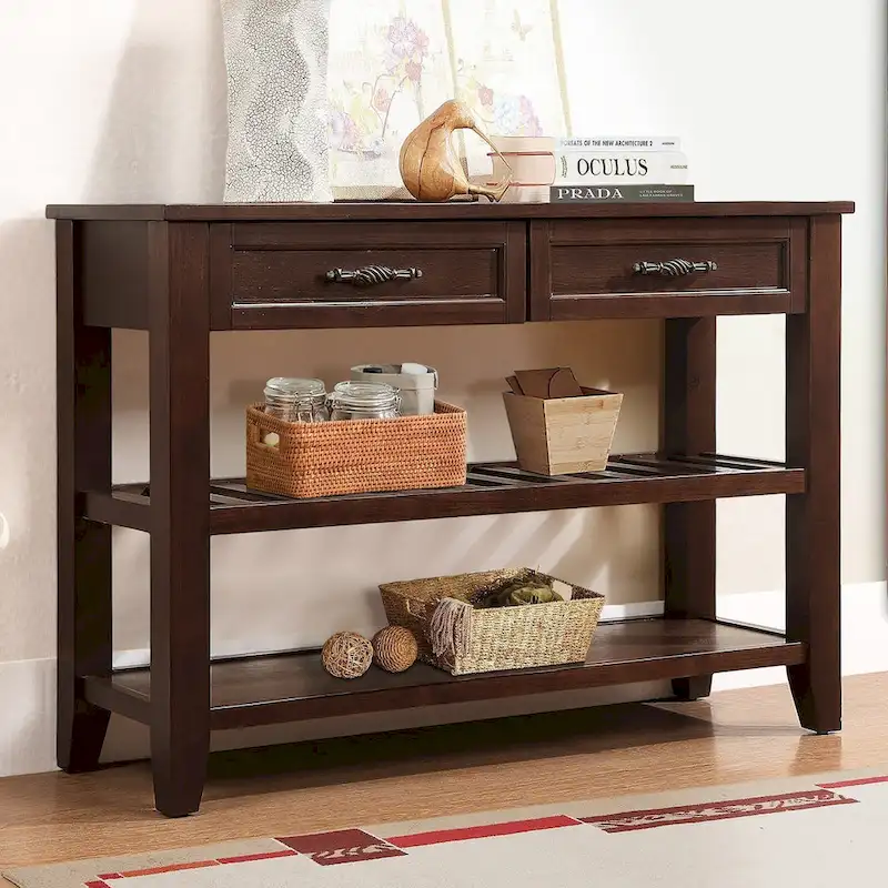 Console Sofa Table with 2 Storage Drawers and 2 Tiers Shelves, Mid-Century Style 42 Solid Wood Buffet Sideboard