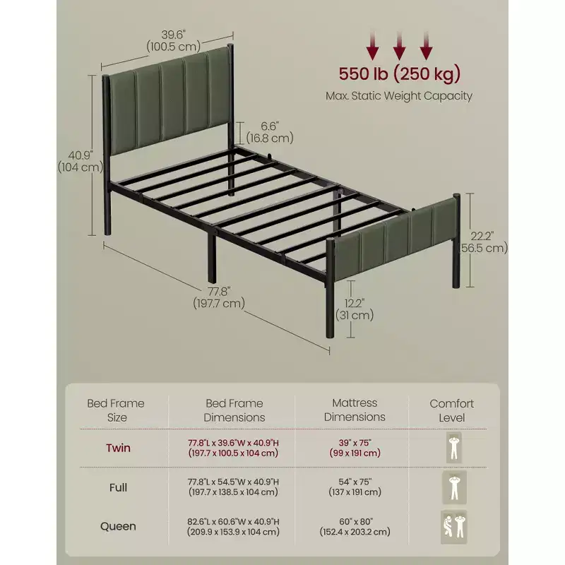 Twin Bed Frame with Upholstered Headboard