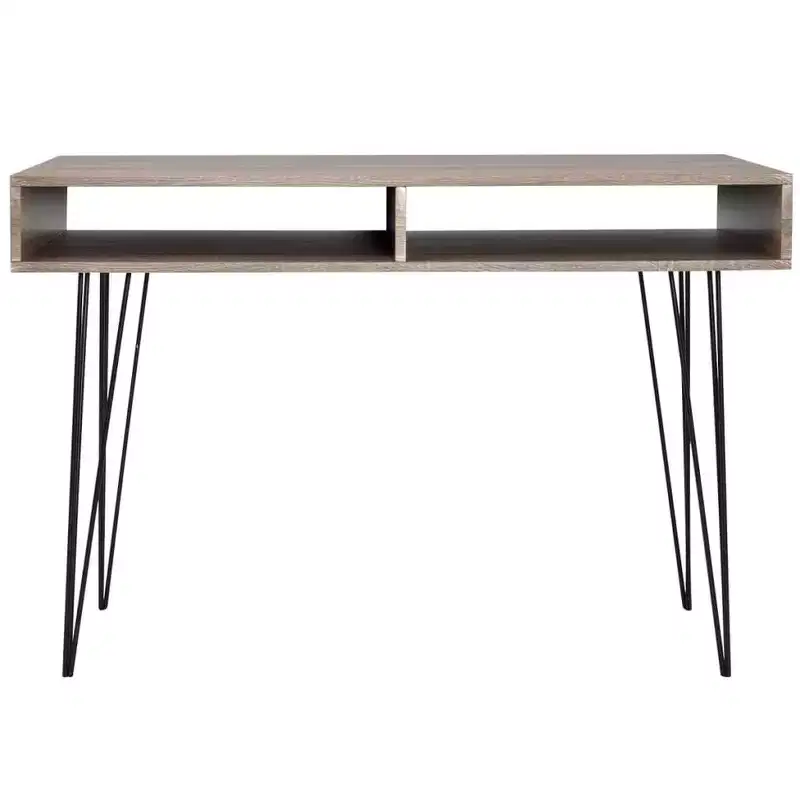 Modern Desk with 2 Open Compartments, Gray Finish, Hairpin Metal Legs, 43x20x30 in