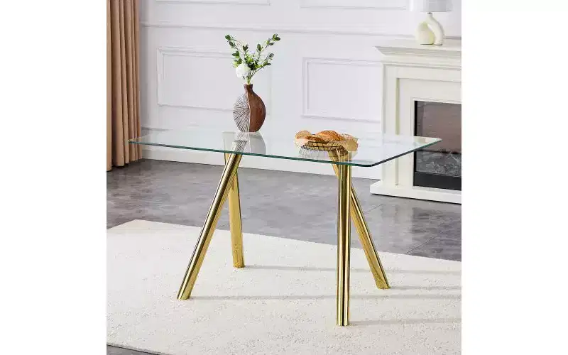Tempered Glass Dining Table with Metal Legs, 51 Inch Rectangle Kitchen Table with Rounded Corners for Living and Dining Room