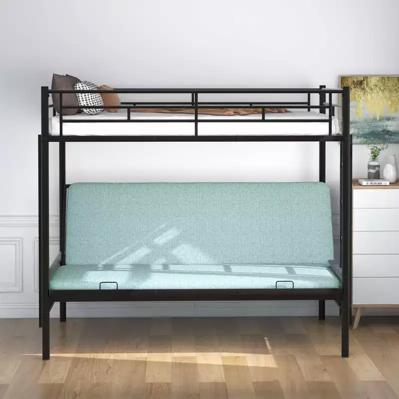 Twin over Full Metal Bunk Bed with Futon Sofa, Full-Length Guardrails & Integrated Ladder, Black
