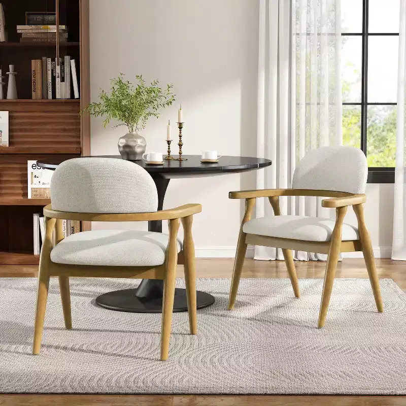 Farmhouse Rubberwood Upholstered Dining Chairs with Curved Backrest, Set of 2